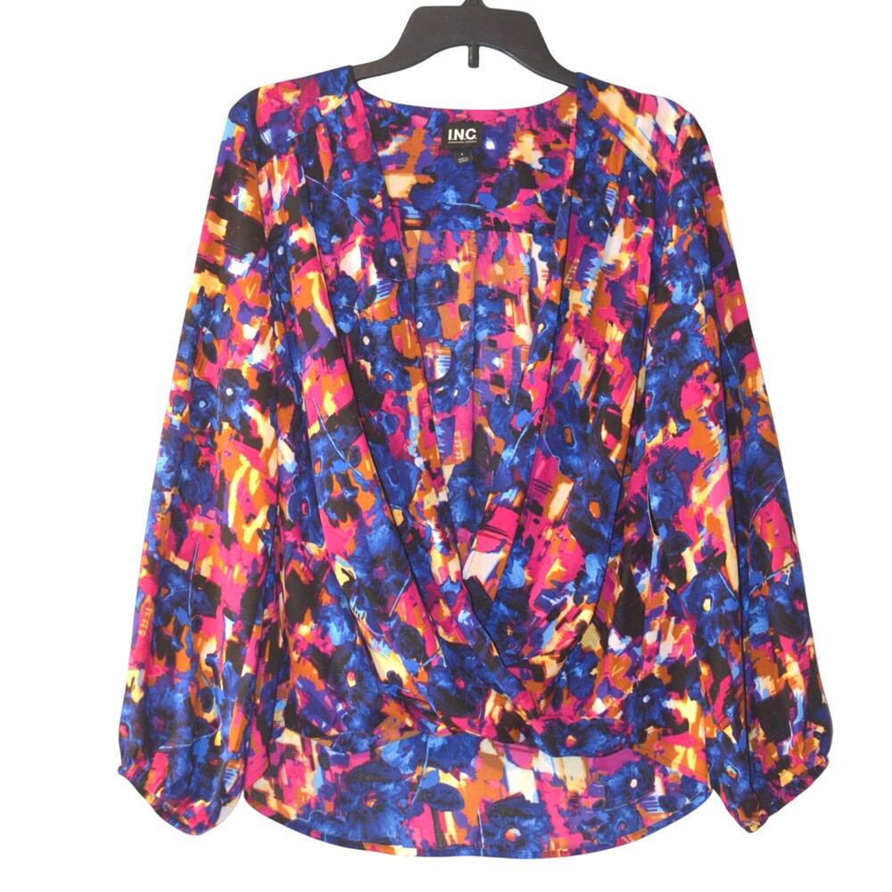 INC International Concepts Women's Printed Surplice Wrap Top in Mela Blue Pink